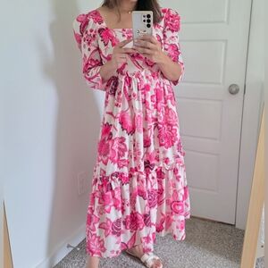 Square Neck Floral Print A-Line Midi Dress